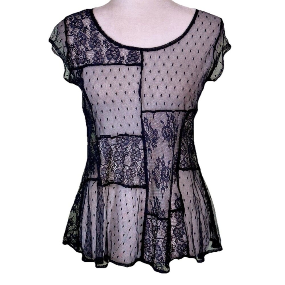 Women Navy Lace Mesh Patchwork Peplum Top Sheer Romantic Goth Coquette Sz Lg
